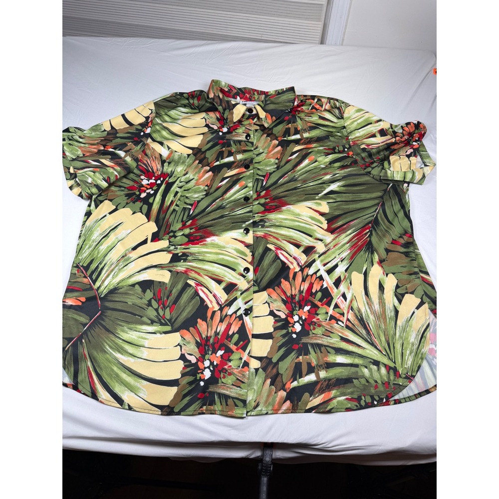 Top Notch Tropical Palm Leaf Button Down Shirt Womens 4X Green Short Sleeve USA